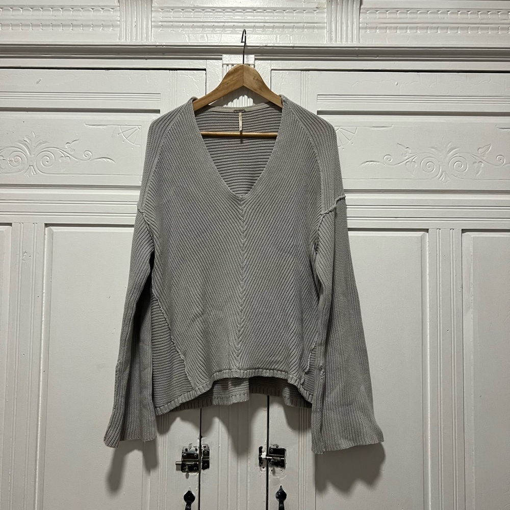 Free People Gray Ribbed V-Neck Sweater